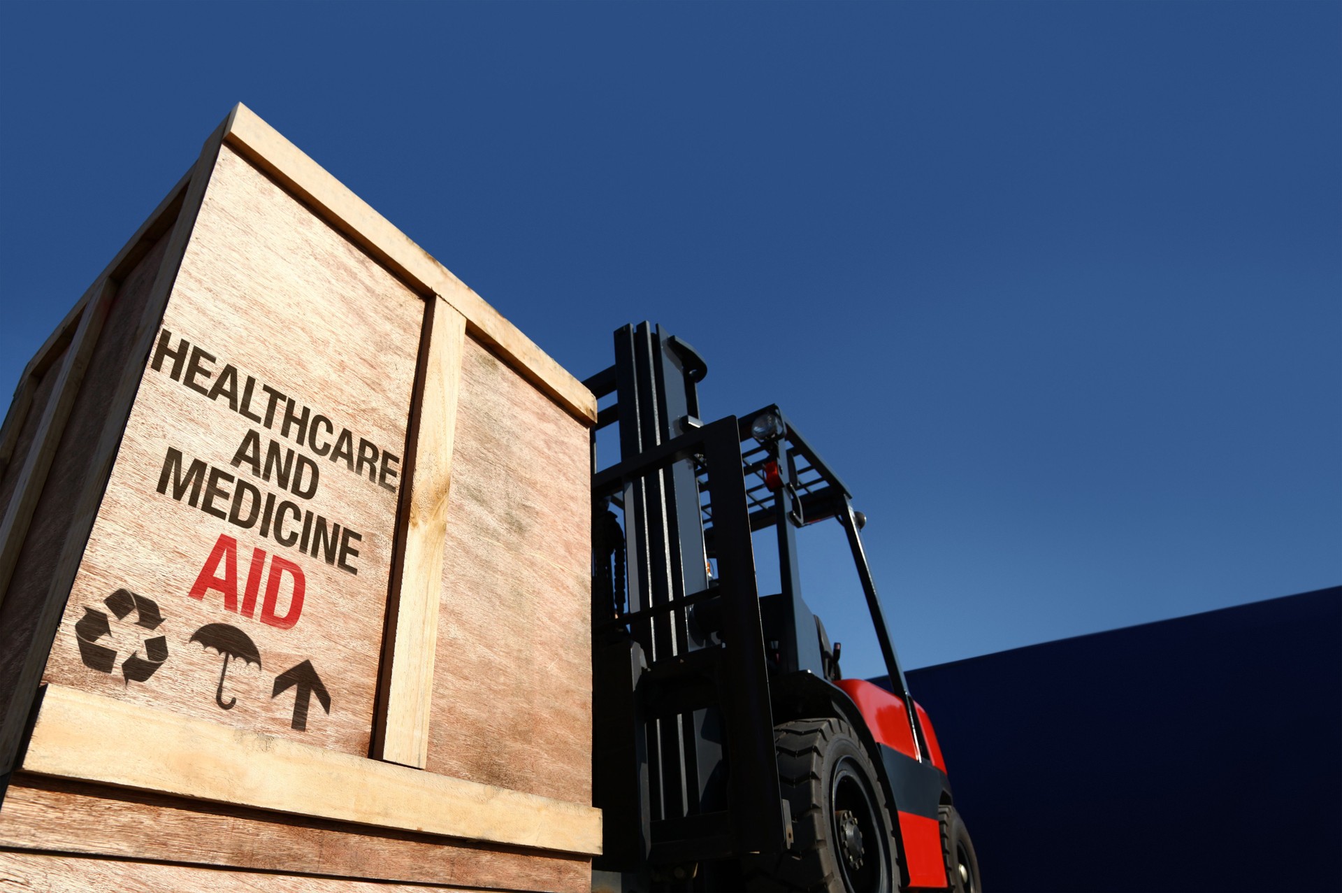 Aid cargo on forklift truck.